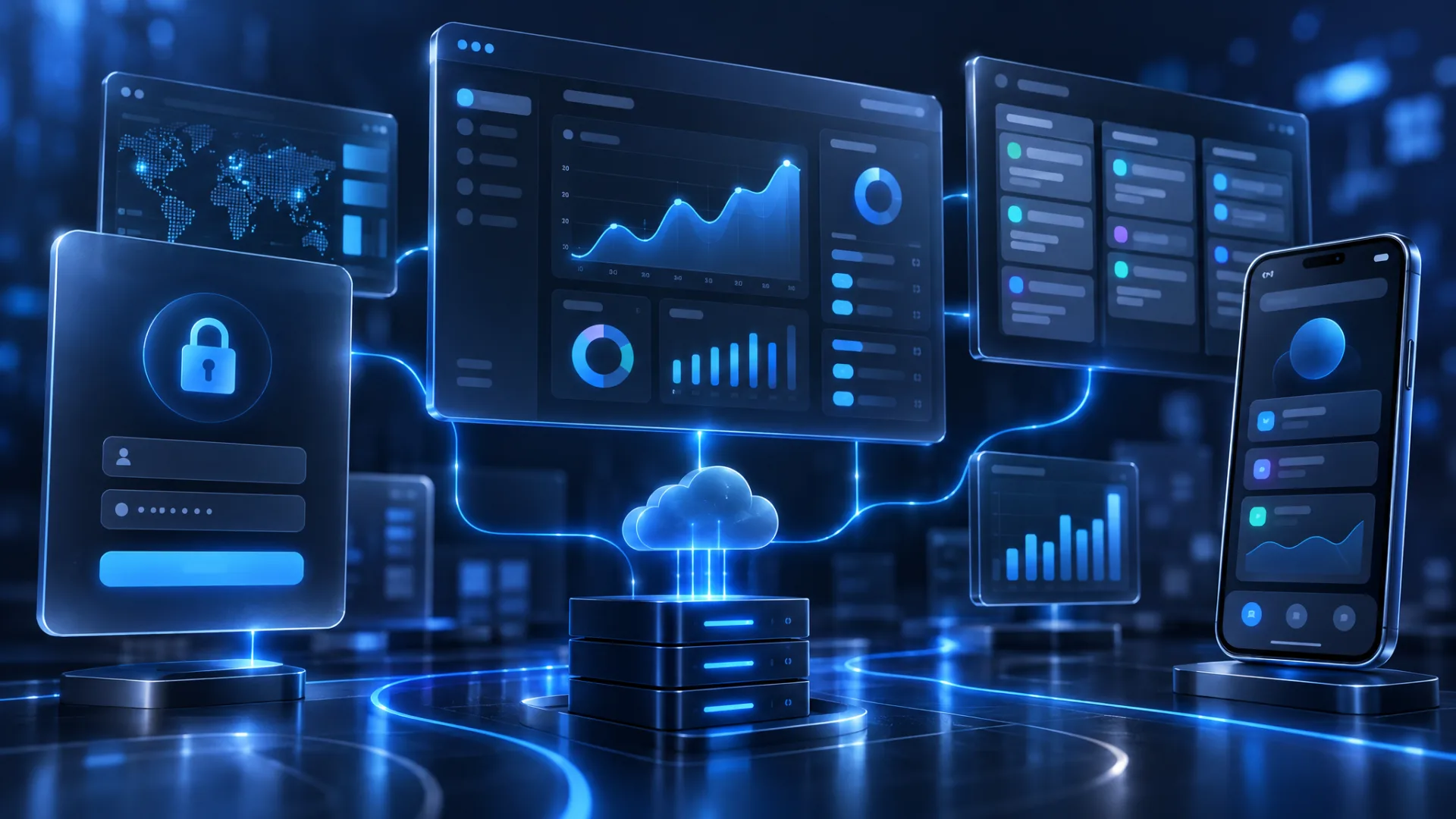 Abstract view of bespoke SaaS platform dashboards, portals and workflows built by TRSS