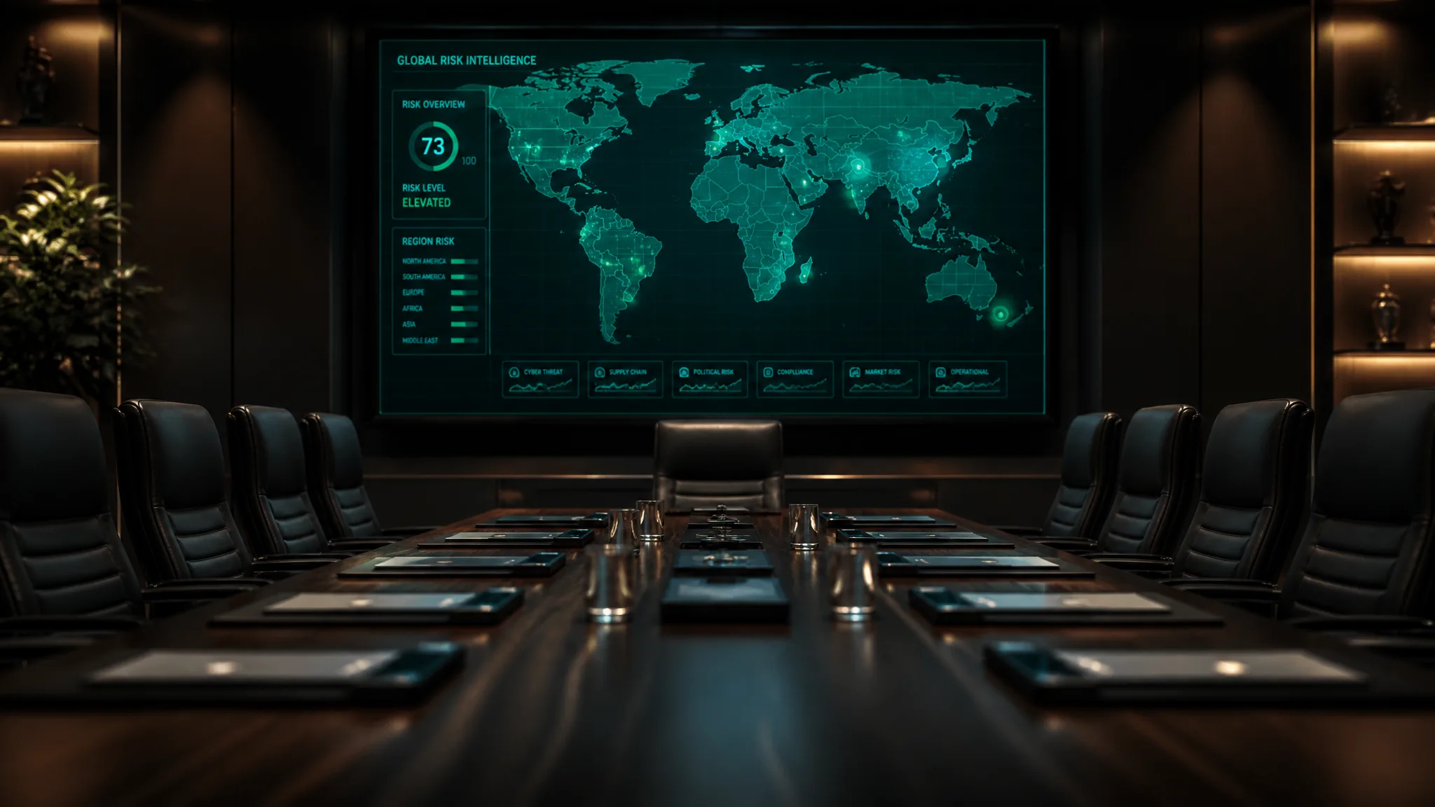 A corporate boardroom where travel risk and duty of care are discussed as governance