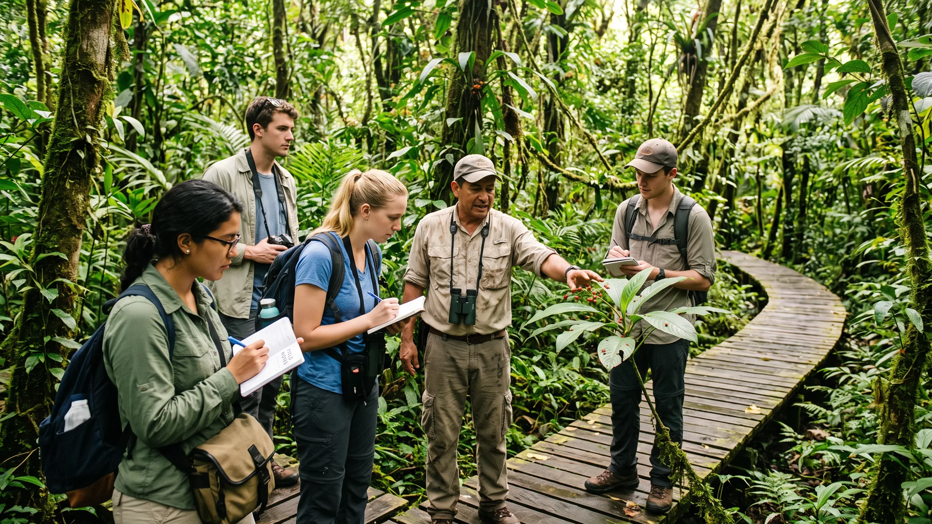 Students on a guided ecotourism field study trip in a rainforest