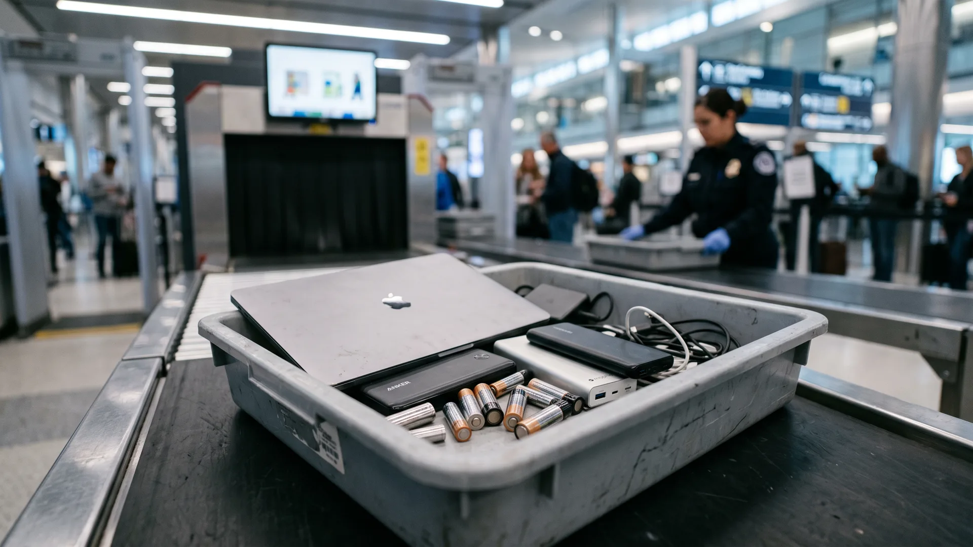 Airport security tray with power banks and lithium batteries being checked for flight compliance