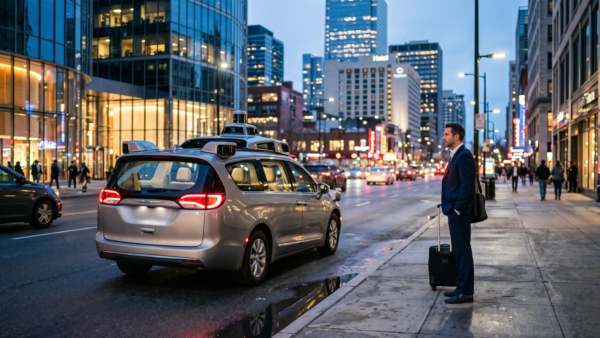 A driverless robotaxi on a city street at dusk, used for corporate ground transport